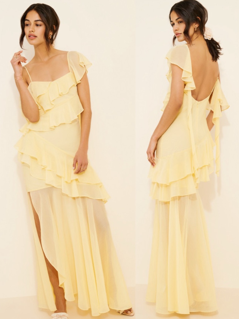 Awaylee Asymmetric Ruffle Chiffon Butter Yellow Maxi Dress Size XS